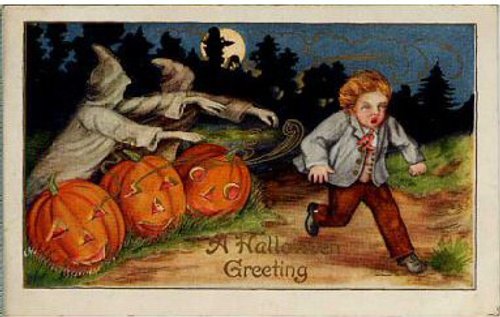 Vintage Halloween Greeting Card with Jack-o'-Lanterns and Ghost