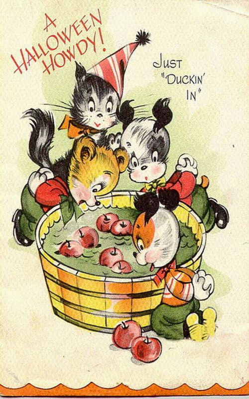 Vintage Halloween Greeting Card: Adorable Animals Apple Bobbing, Early 1900s