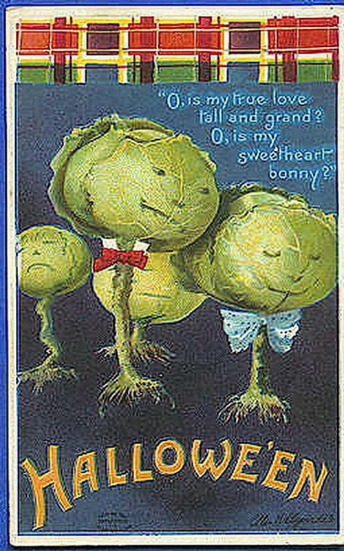 Vintage Halloween Greeting Card with Anthropomorphic Cabbage Characters