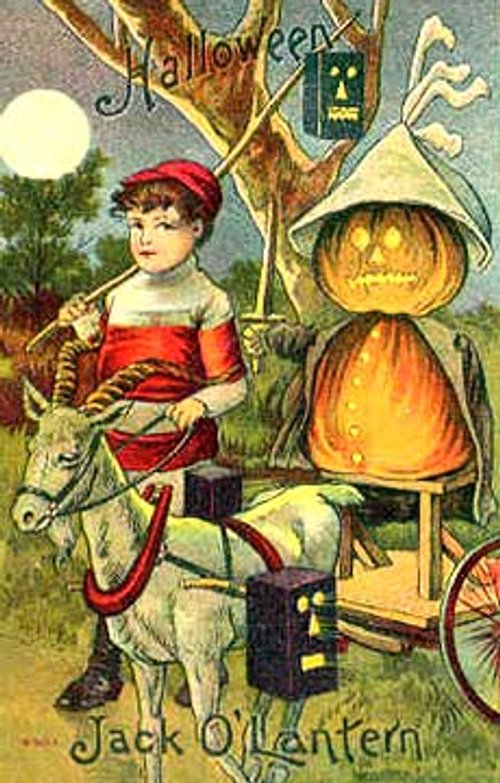 Vintage Halloween Jack O'Lantern Card with Victorian Child