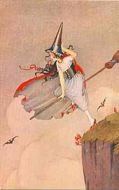 Vintage Witch Halloween Greeting Card - Early 1900s Flying Broomstick Art
