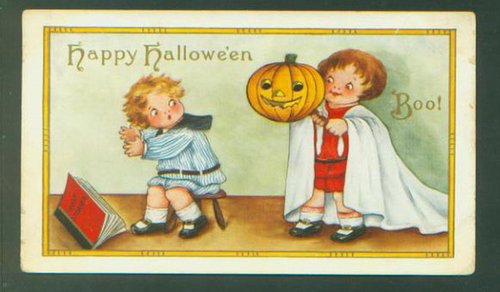 Happy Halloween Vintage Greeting Card 1900s Children Ghost Jack-o'-Lantern