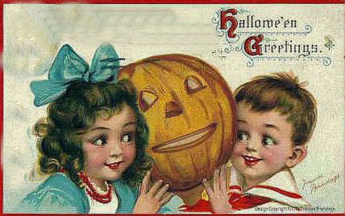 Vintage Halloween Greetings Card with Children & Jack-o'-Lantern