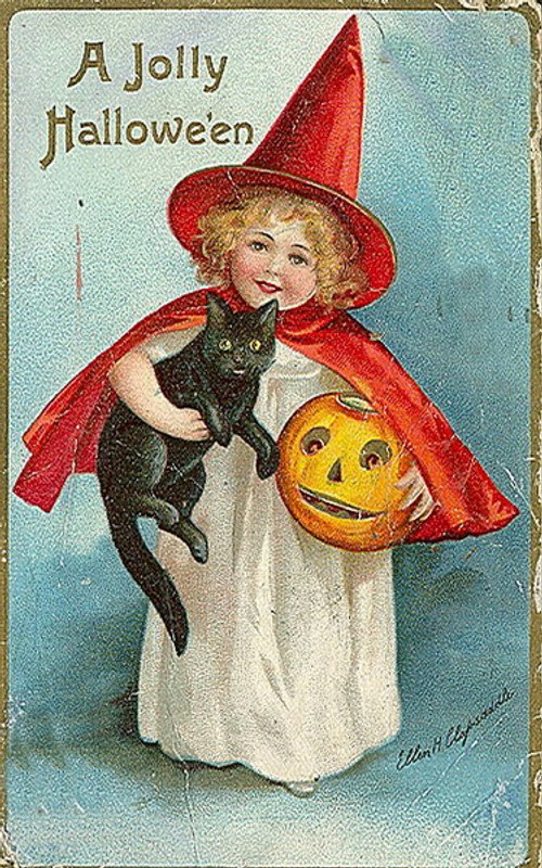 Vintage Halloween Greeting Card - Jolly Child Witch with Black Cat