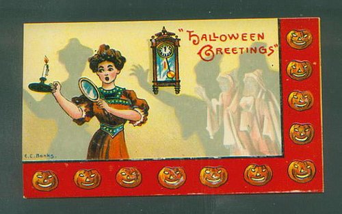 Vintage Halloween Greeting Card Woman Mirror Jack-o-Lantern Art
