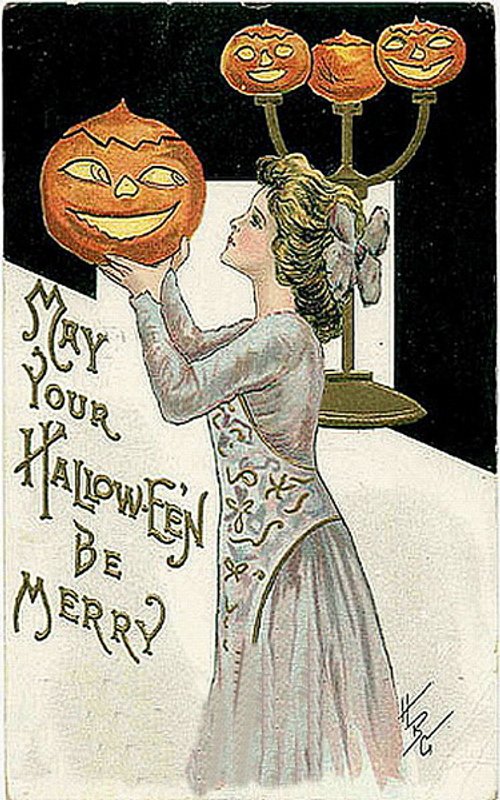 Edwardian Halloween Greeting Card - Woman with Jack O'Lantern