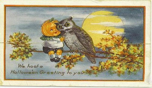 Vintage Halloween Greeting Card with Owl & Pumpkin - Early 1900s