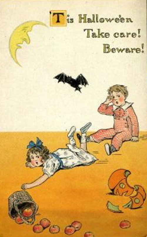 Vintage Halloween Greeting Card with Children & Bat - Early 1900s
