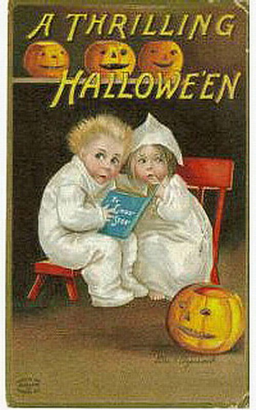 Vintage Halloween Greeting Card Children Ghost Costumes Jack-O-Lantern