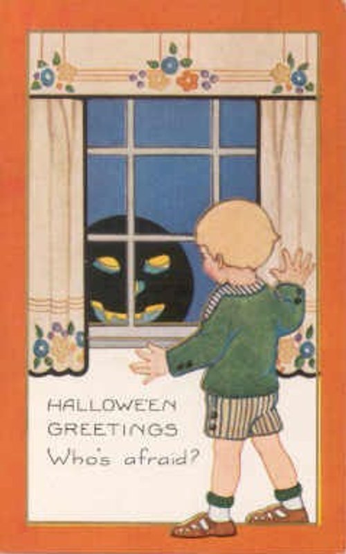 Vintage Halloween Greeting Card Child Jack-O-Lantern Window