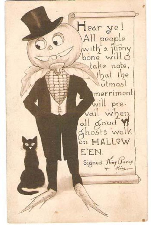 Vintage Halloween Greeting Card with Jack-o'-Lantern Figure in Top Hat & Black Cat