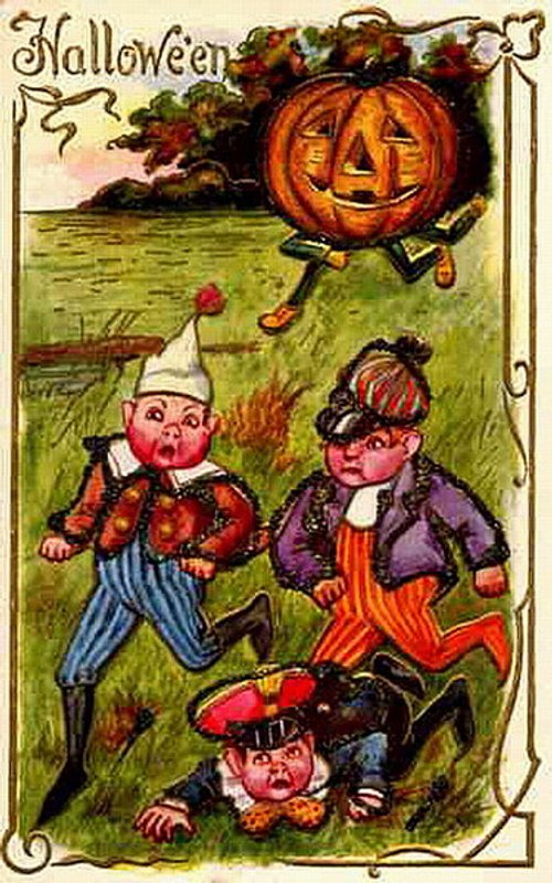 Vintage Halloween Greeting Card with Jack-o'-Lantern and Children in Distress