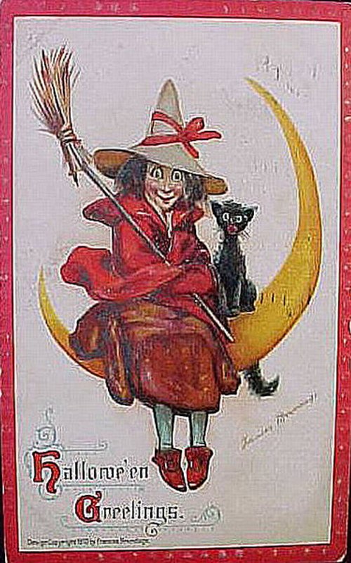 Vintage Halloween Greeting Card: Witch on Crescent Moon