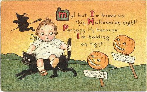 Vintage Halloween Greeting Card Child Black Cat Jack-O'-Lanterns Early 1900s