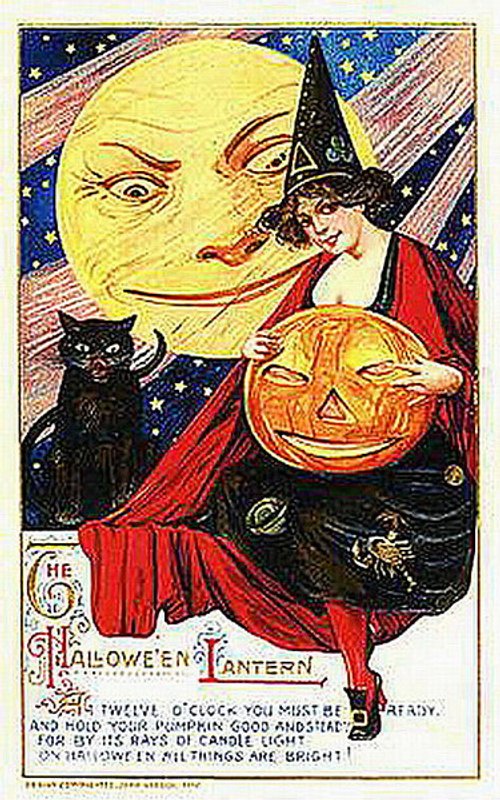 Vintage Halloween Lantern Greeting Card - Early 1900s Witch