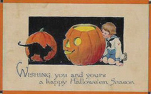 Vintage Halloween Greeting Card with Jack-o'-Lantern and Black Cat