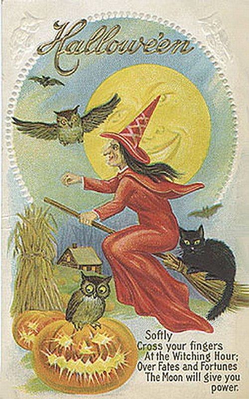 Victorian Halloween Witch Greeting Card | Vintage Moon & Magic