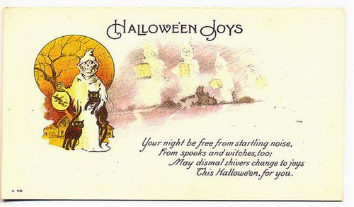 Vintage Halloween Joys Greeting Card with Ghost & Black Cat