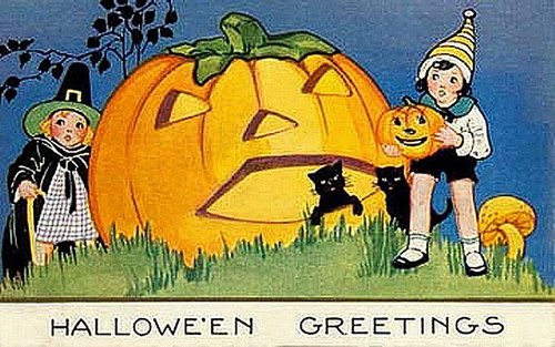 Vintage Halloween Greetings Card 1920s Jack-O'-Lantern Children