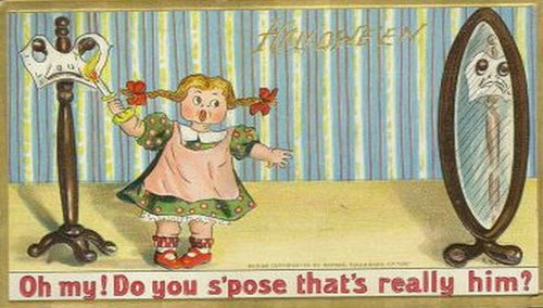 Vintage Doll Mirror Humor Card - Early 1900s Comic Greeting