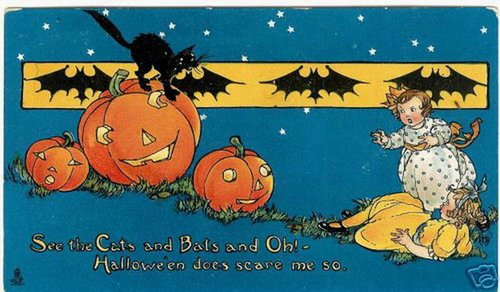 Vintage Halloween Greeting Card with Jack-o'-Lanterns, Black Cat, and Bats