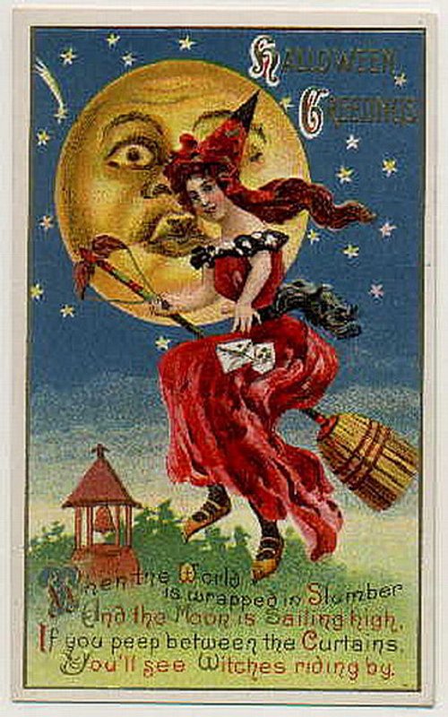 Victorian Halloween Greeting Card with Witch Moon Face 1890s