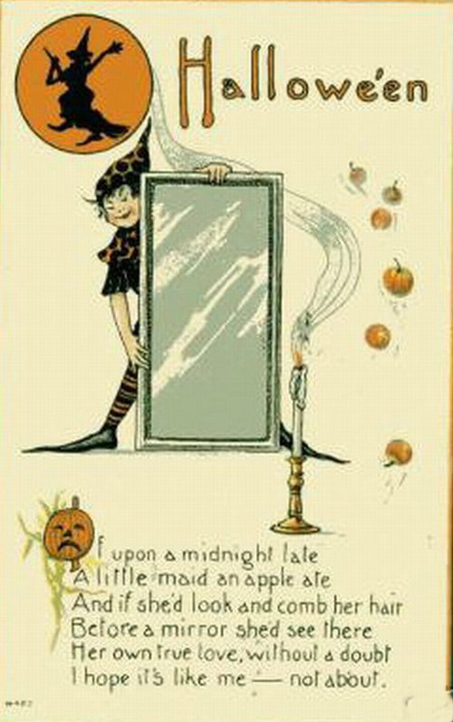 Vintage Halloween Greeting Card with Witch and Mirror, Early 1900s