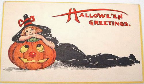 Vintage Halloween Greeting Card with Witch & Jack-o'-Lantern