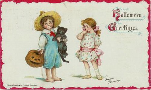 Victorian Halloween Greetings Card with Children & Black Cat