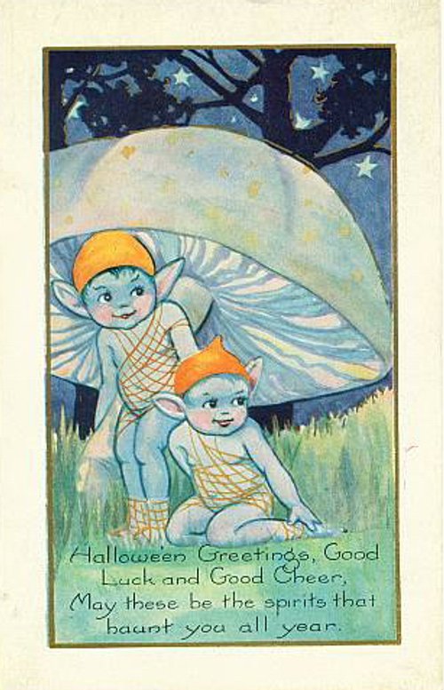 Halloween Greetings Vintage Card with Elfin Children & Mushroom
