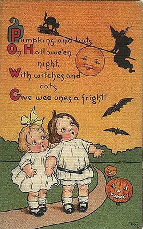 Vintage Halloween Greeting Card with Witches, Pumpkins & Children