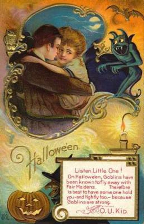 Vintage Halloween Greeting Card - Victorian Couple & Goblins