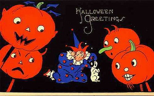 Vintage Halloween Greetings Card with Jack-O'-Lanterns & Clown