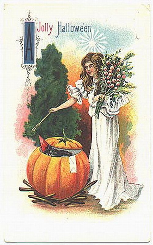Jolly Halloween Vintage Greeting Card - Victorian Woman Pumpkin
