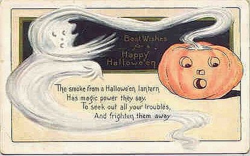 Vintage Halloween Greeting Card with Ghost & Jack O'Lantern