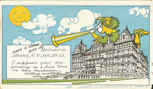 Vintage Halloween Greeting Card 1920s Witch Trumpet Castle