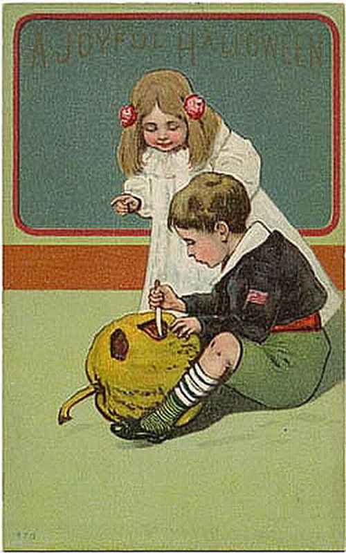 Edwardian Children Carving a Pumpkin Halloween Vintage Greeting Card