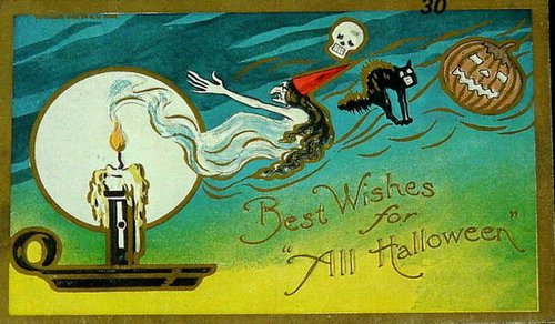 Vintage Halloween Greeting Card with Ghost, Moon & Skull Art Nouveau
