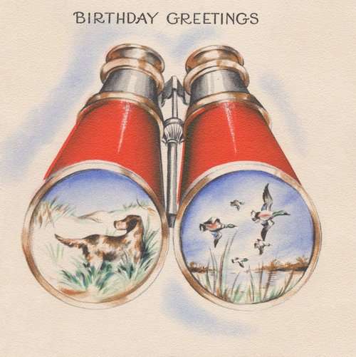 Vintage Binoculars Birthday Greetings Card with Hunting Scenes