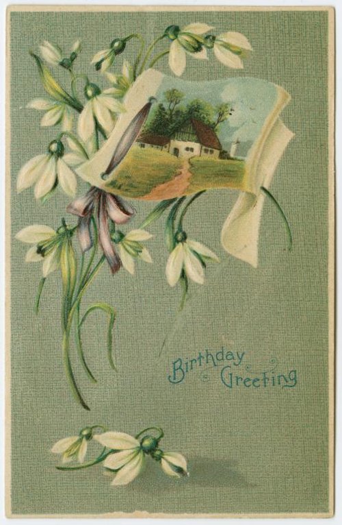 Victorian Snowdrop Flowers Birthday Greeting Card with Cottage Scene