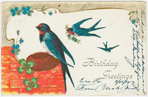 Victorian Birthday Greetings Card with Swallows & Clover