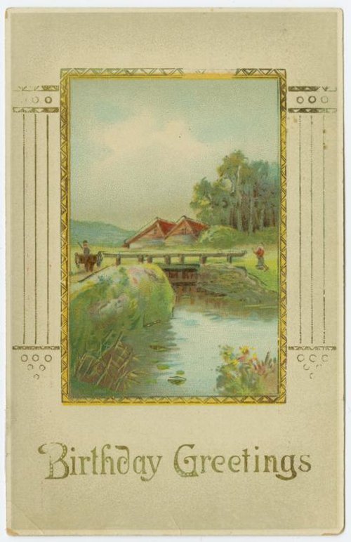 Vintage Birthday Greetings Card | Edwardian Rural Landscape Art