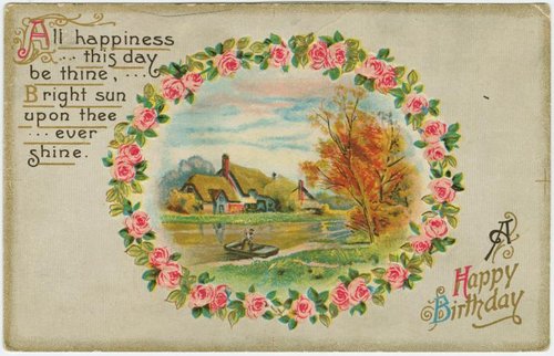 Victorian Birthday Greeting Card with Rose Garland & Countryside Scene