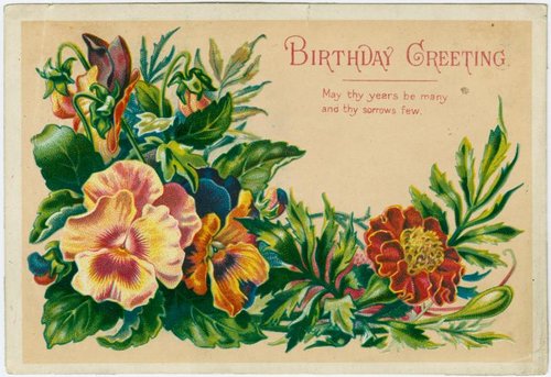 Victorian Birthday Greeting Card with Colorful Pansies & Marigolds