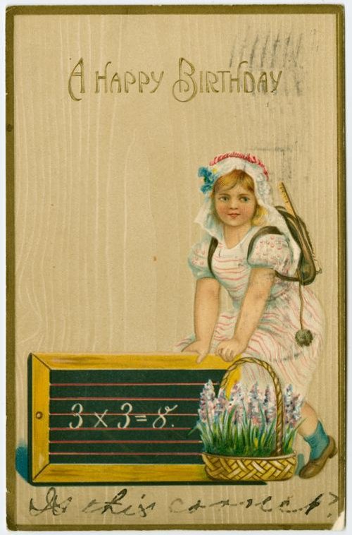 Victorian Birthday Greeting Card with Schoolgirl & Slate Board