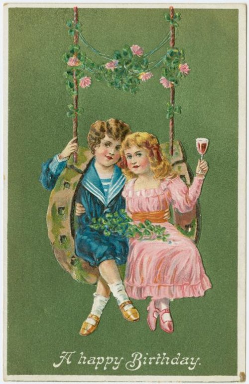 Victorian Birthday Greeting Card Children on Swing with Roses