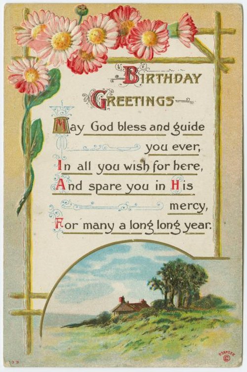 Victorian Birthday Greeting Card Pink Daisies Religious Cross 1890s