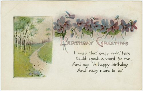 Edwardian Birthday Greeting Card with Violets & Pastoral Landscape