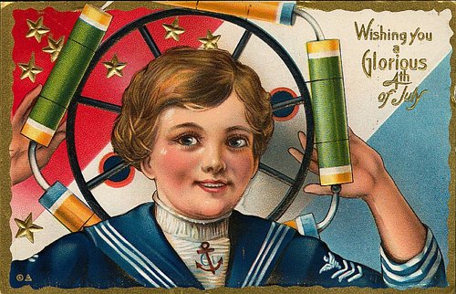 Vintage Fourth of July Greeting Card - Sailor Boy with Fireworks