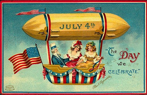 Vintage July 4th Greeting Card with Dirigible Blimp & Patriotic Design